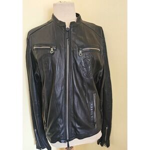 Women Black Leather Jacket Embellished Zipper Pockets Moto Biker Style zize XL